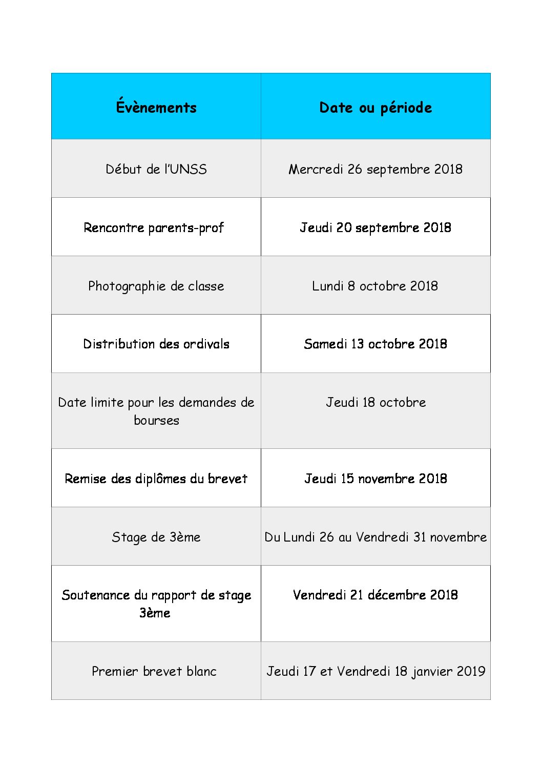 Les dates importantes du premier trimestre College Henri Wallon