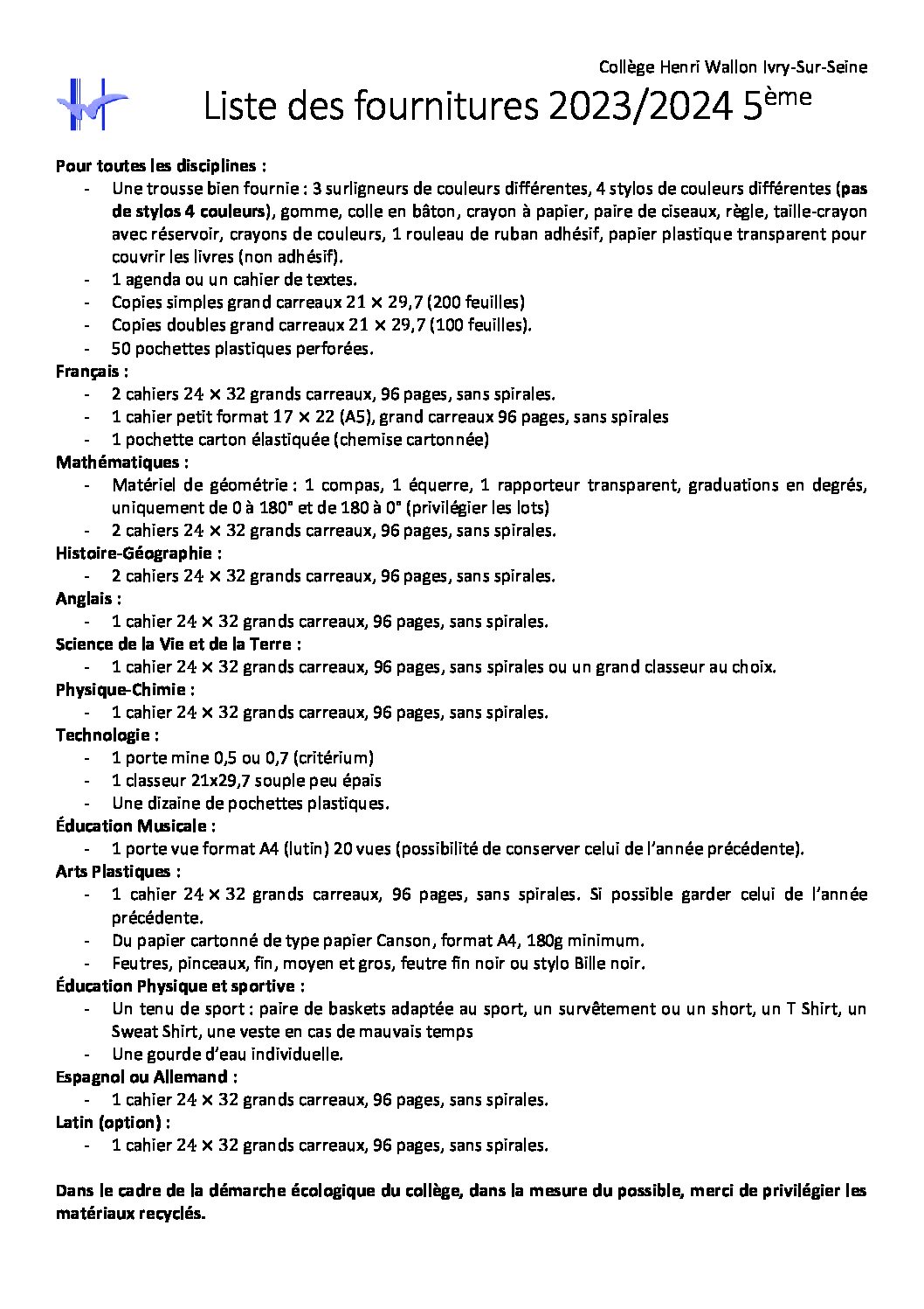 Rentrée 2023 liste des fournitures College Henri Wallon Ivry sur